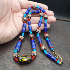 N96 Blue Chevron and White Heart Venetian Beads African Glass Beads Necklace