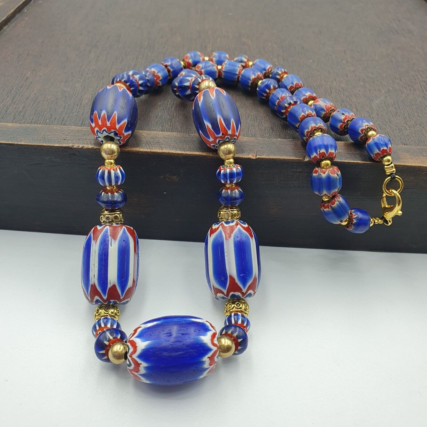 Venetian Style Trade beads Vintage Blue Chevron Beads necklace BCH-32