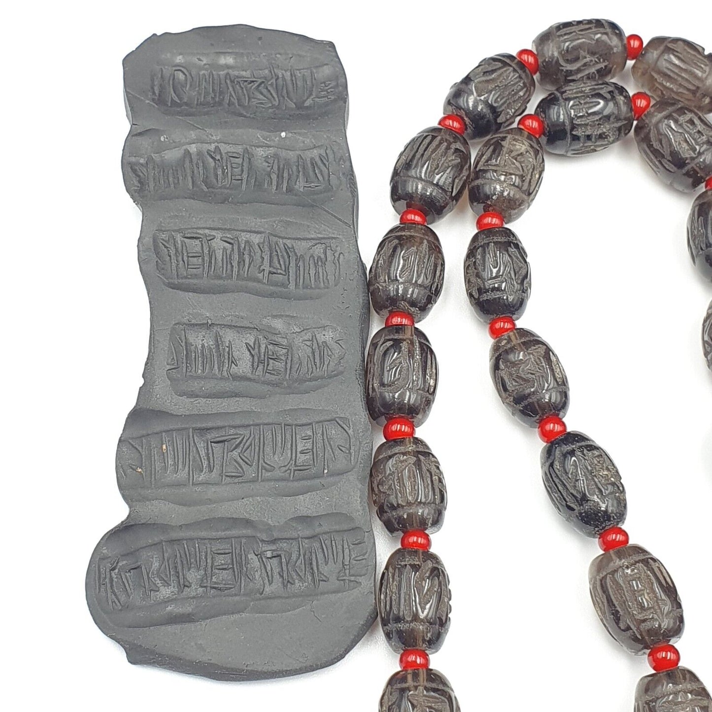 TIBETAN ANTIQUE OLD Carving Smoky Quartz BEADS MALA NECKLACE SMK-2