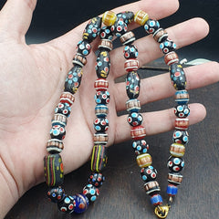Vintage African Venetian Style Skunk Thousand eyes Glass Beads Strand