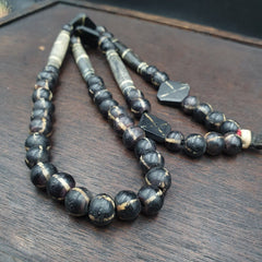 Asian Burmese Old Pumtek petrified Wood  beads Long necklace rare pattern