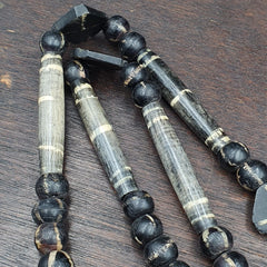 Asian Burmese Old Pumtek petrified Wood  beads Long necklace rare pattern