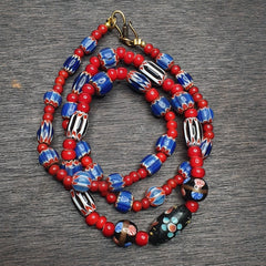 Vintage Chevron Venetian Whiteheart Floral Glass Beads Necklace NC-11-7