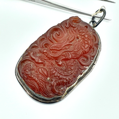 Tibetan Vintage Natural Red Carving Agate Dragon Figurine 925 Silver Pendant