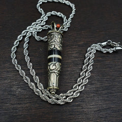 Rare 2 Stripes Tibetan Silver Nepalese Agate bead dzi pendant Necklace