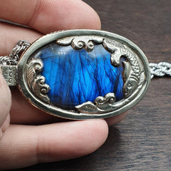 BIG MEN'S VINTAGE Natural Blue Fire Labradorite Mix SILVER Pendant Necklace