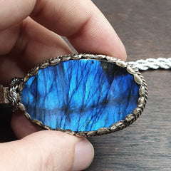 BIG MEN'S VINTAGE Natural Blue Fire Labradorite Mix SILVER Pendant Necklace