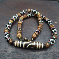 Vintage Himalayan Tibetan 2 Eye Dzi Bead Amulet with Skull and Football Shape