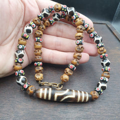 Vintage Himalayan Tibetan 2 Eye Dzi Bead Amulet with Skull and Football Shape