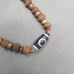 Tibetan 1Circle Eyes 1Aquare Eye Agate Dzi Bead Amulet with carving Necklace