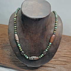 Himalayan Indo Tibetan Dzi Beads with African Turquoise Amulet Necklace