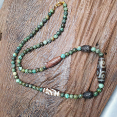 Himalayan Indo Tibetan Dzi Beads with African Turquoise Amulet Necklace