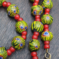 Vintage RED white Heart 6mm & Roman Style Green Gabri Eyes Beads Necklace