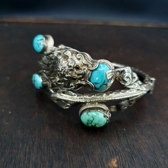 BIG MEN'S VINTAGE Natural Turquoise 925 Sterling Silver Dragon Engraved Bangle