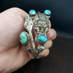 BIG MEN'S VINTAGE Natural Turquoise 925 Sterling Silver Dragon Engraved Bangle