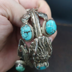 BIG MEN'S VINTAGE Natural Turquoise 925 Sterling Silver Dragon Engraved Bangle