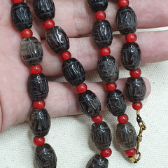 Tibetan antique Carving Smoky Quartz & venetian whiteheart Beads Mala Necklace