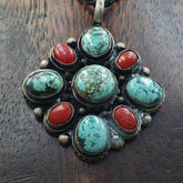 VINTAGE Tibetan Turquoise, Coral Glass Pendant TRQ-M2