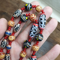 Vintage Fancy Feather Wedding cake Glass Venetian Style Beads Necklace #MX-4