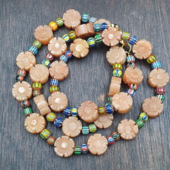 Vintage Yellow Carving Aventurine stone and venetian Chevron Beads Mala Necklace