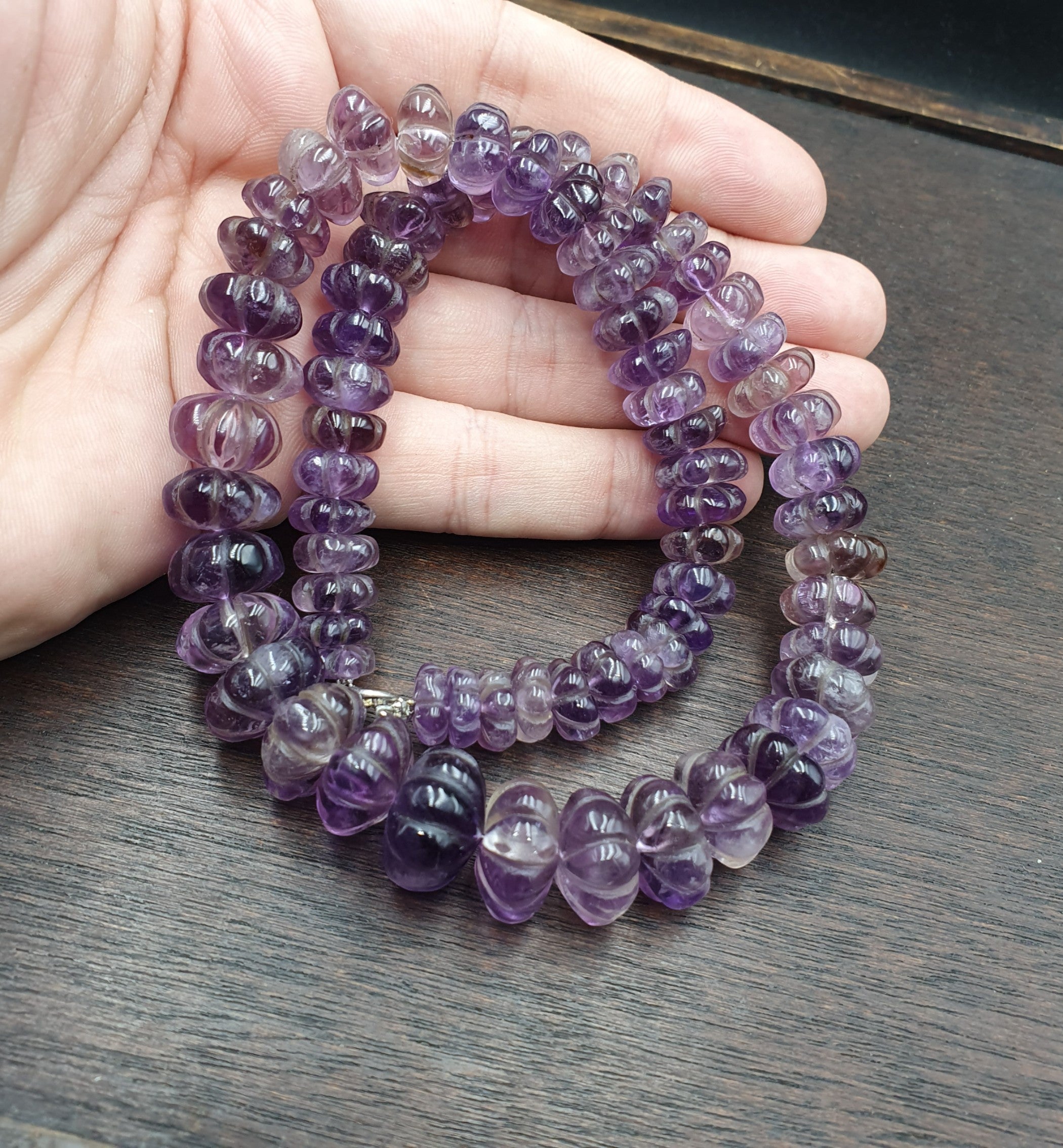 Vintage Amethyst Carving Gemstone Melon Shape Beads Necklaces
