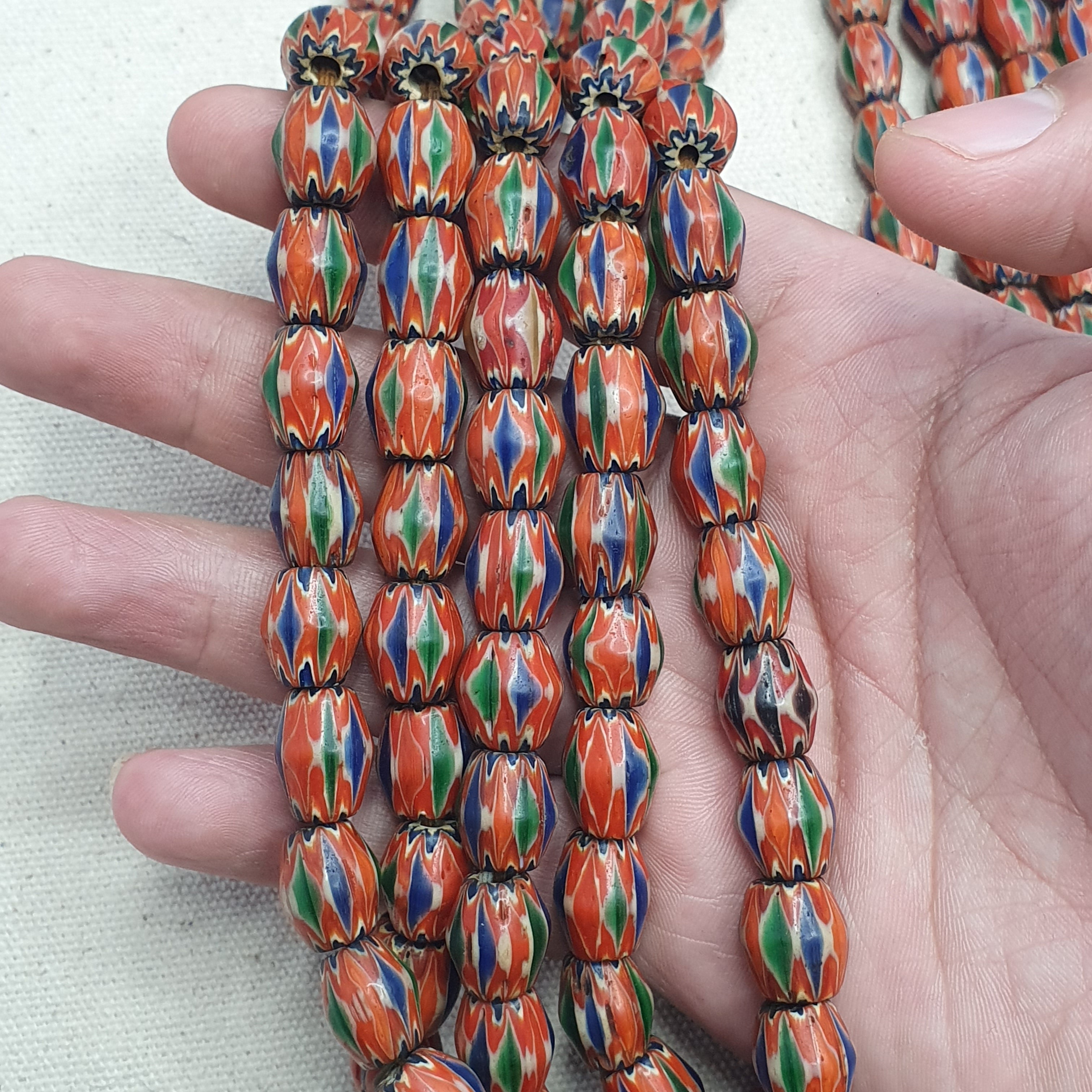Vintage Venetian Style Chevron Glass Beads Strand - Multicolor 24 Inch