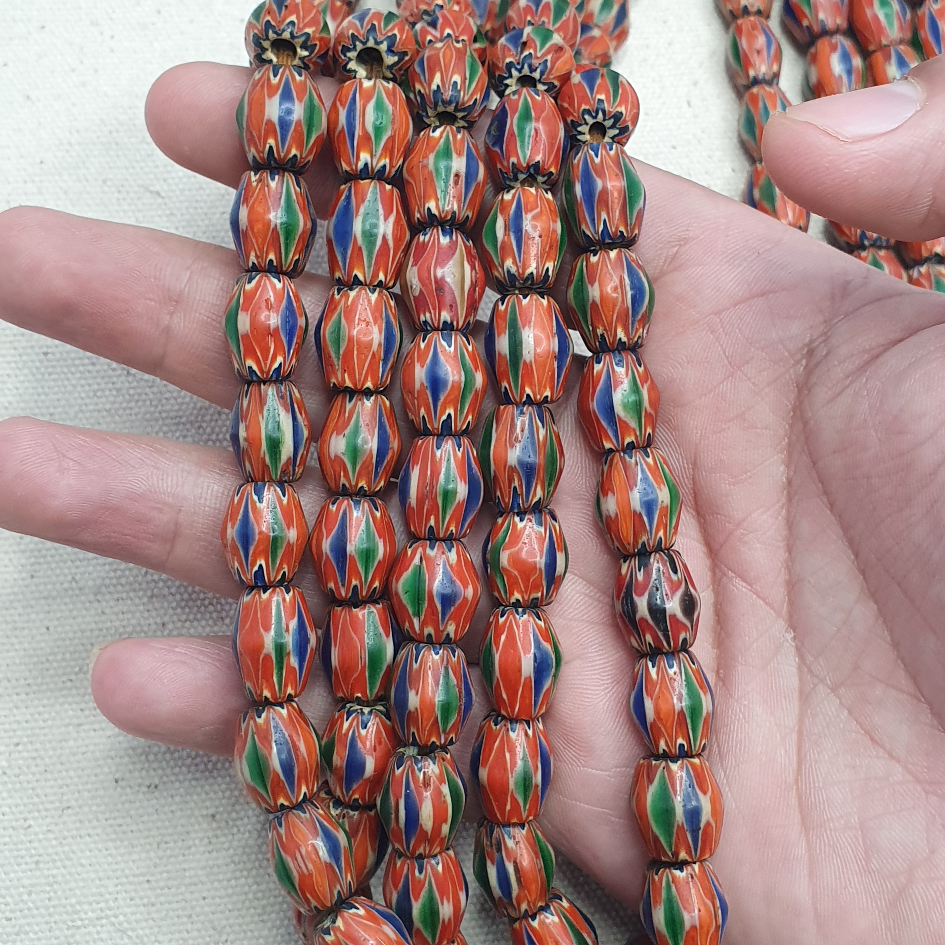 Vintage Venetian Style Chevron Glass Beads Strand - Multicolor 24 Inch