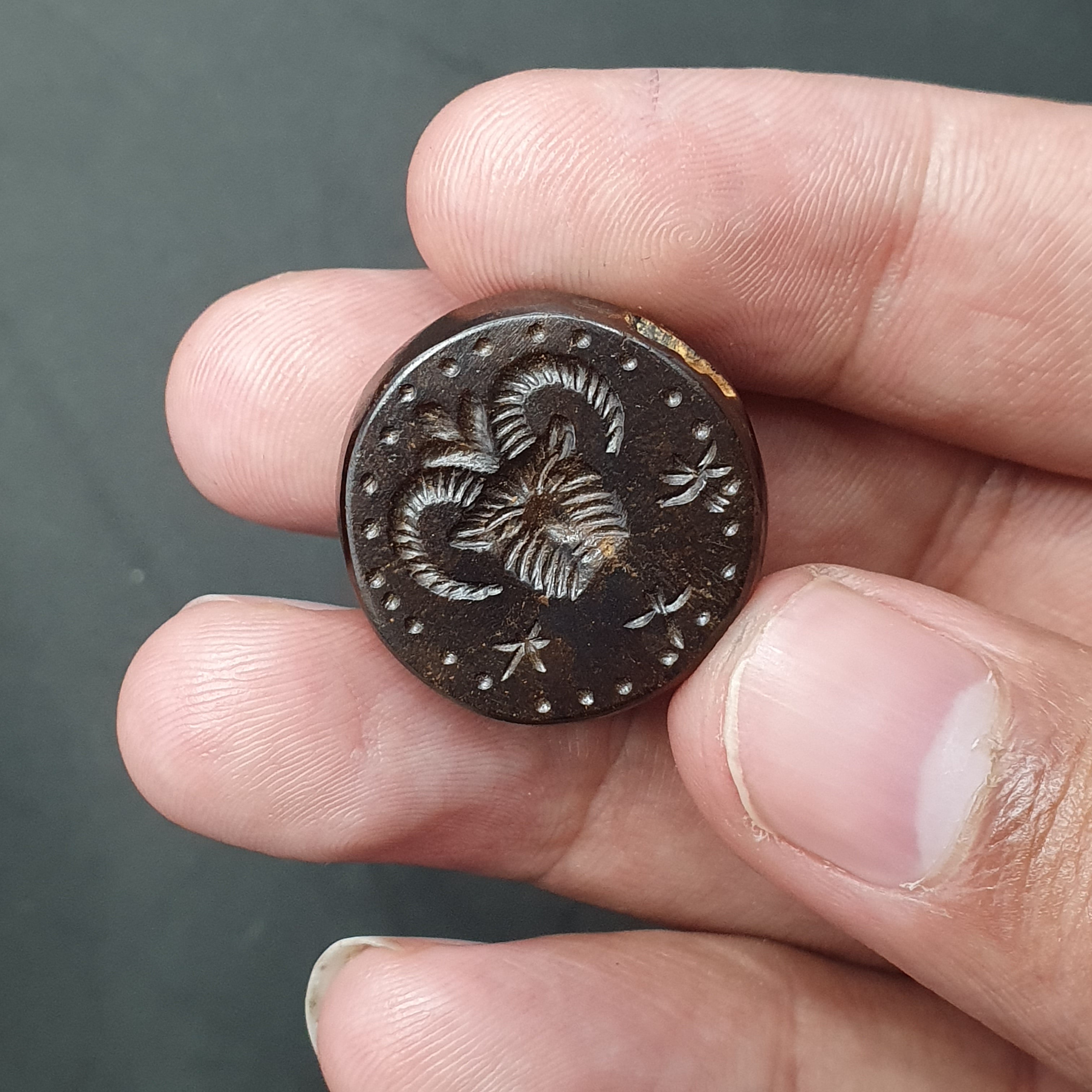 Unique Carved Hematite Intaglio Stamp bead
