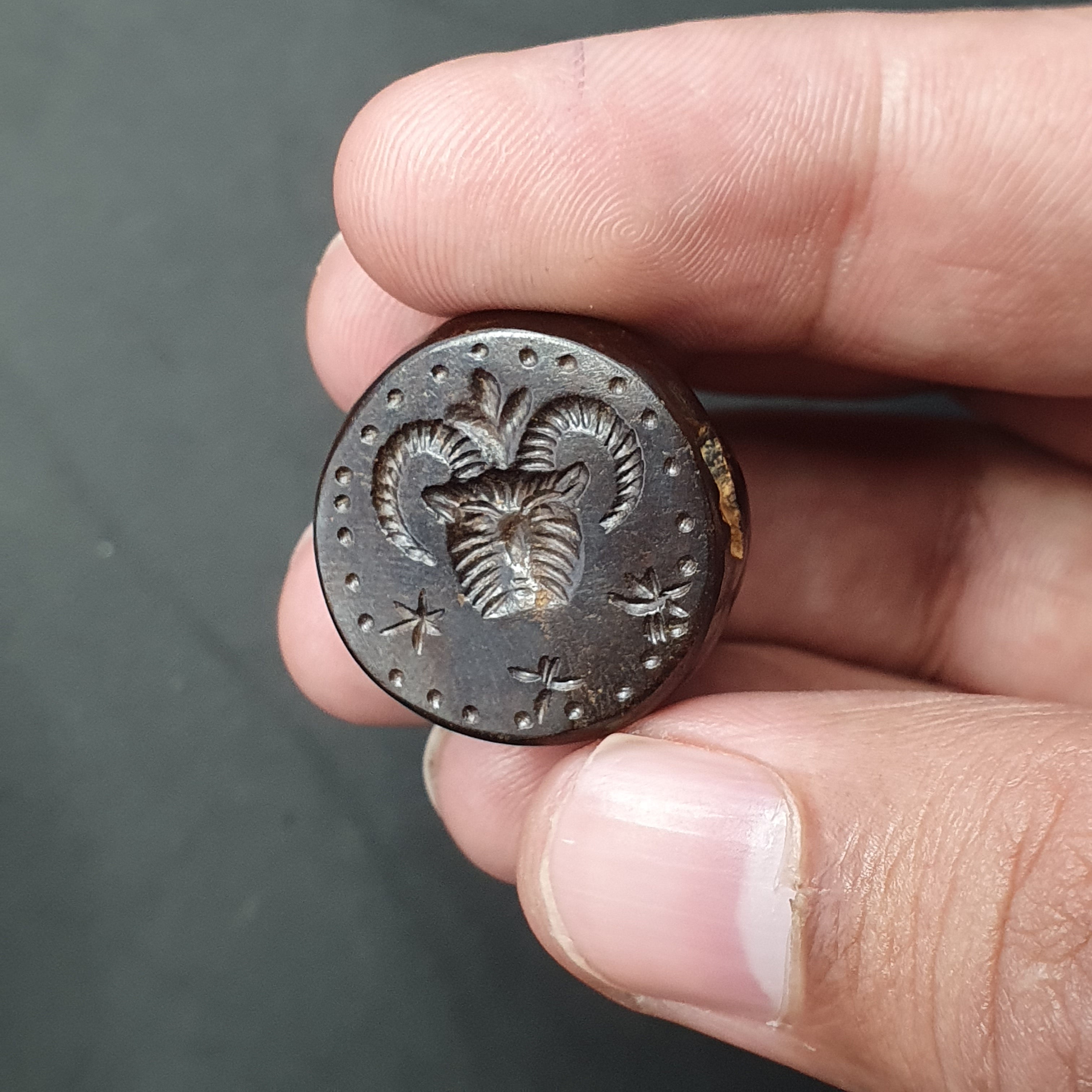 Unique Carved Hematite Intaglio Stamp bead