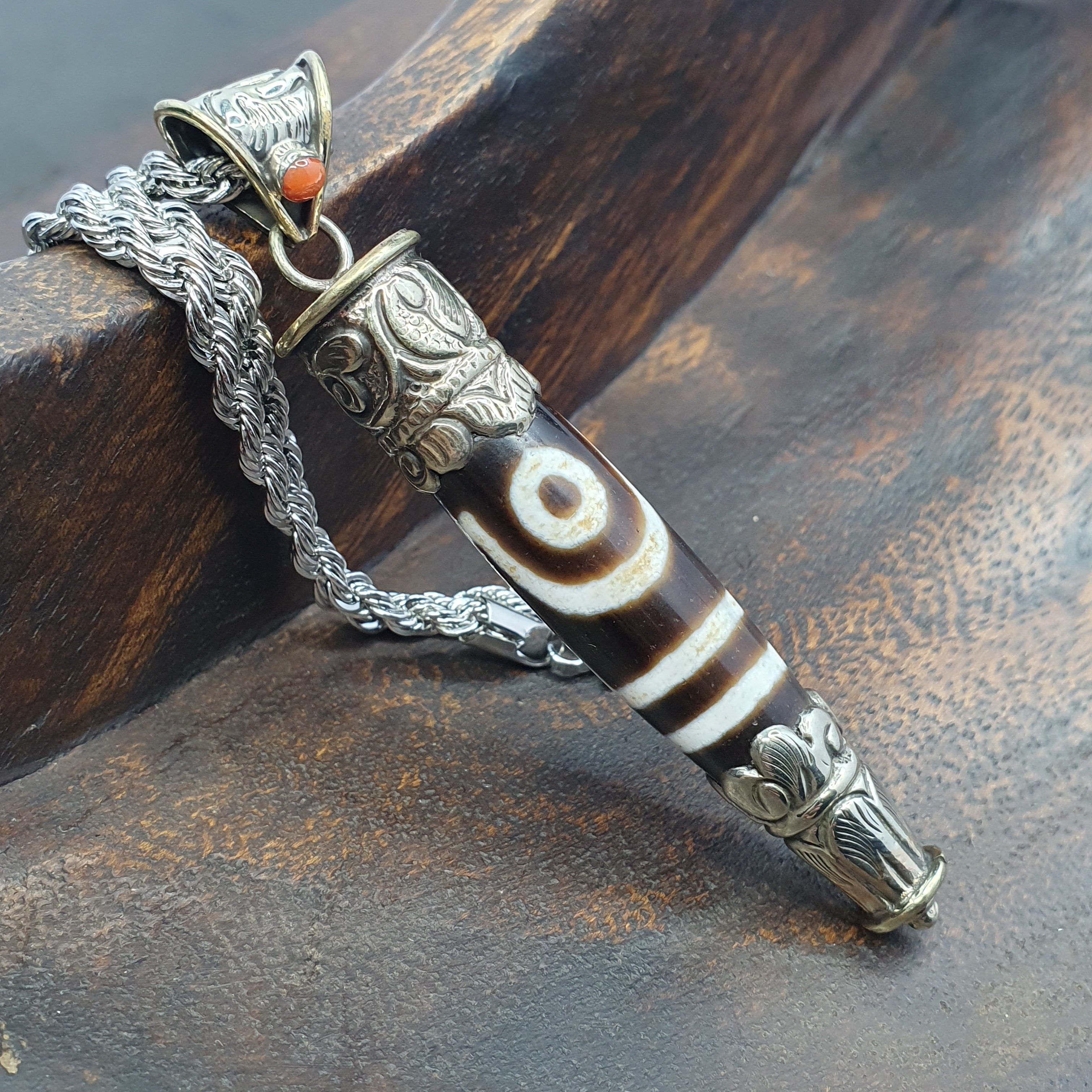 Vintage Tibetan 2 Eyes Agate & Brass Pendant Necklace