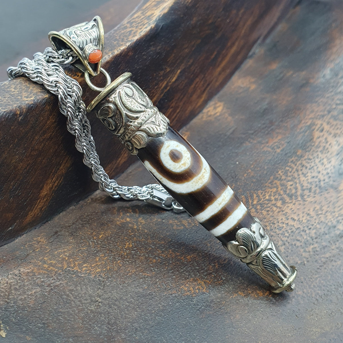 Vintage Tibetan 2 Eyes Agate & Brass Pendant Necklace