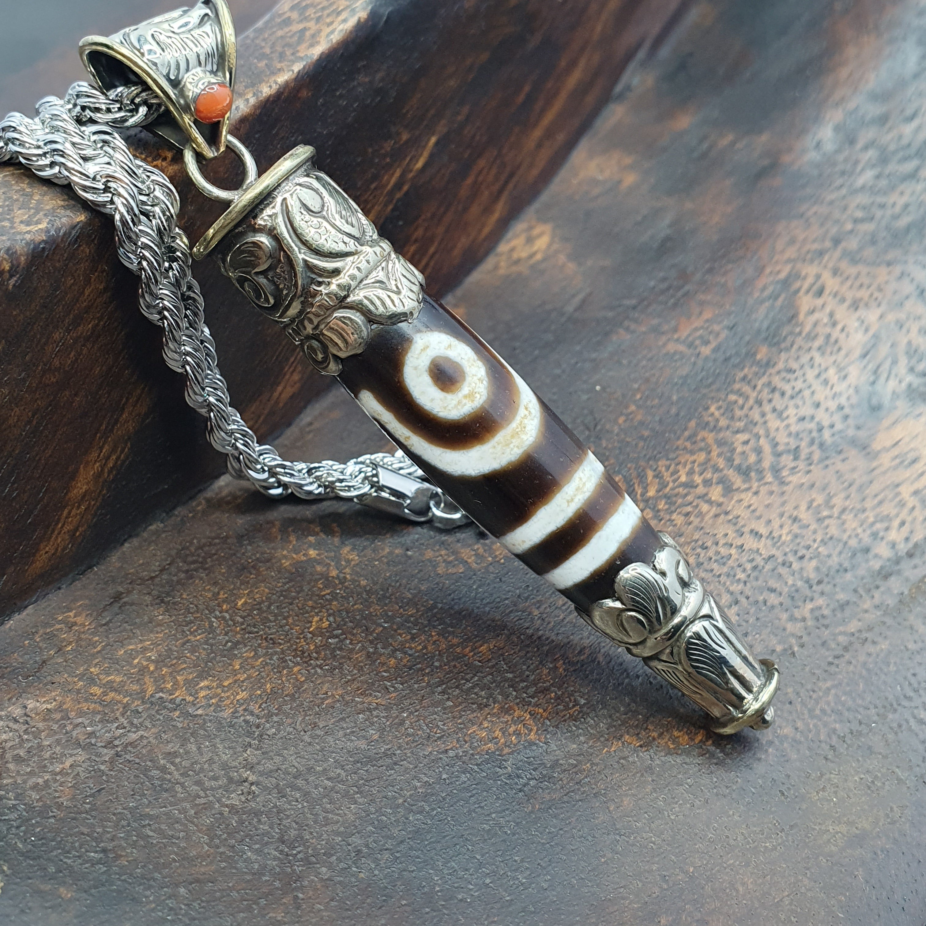 Vintage Tibetan 2 Eyes Agate & Brass Pendant Necklace