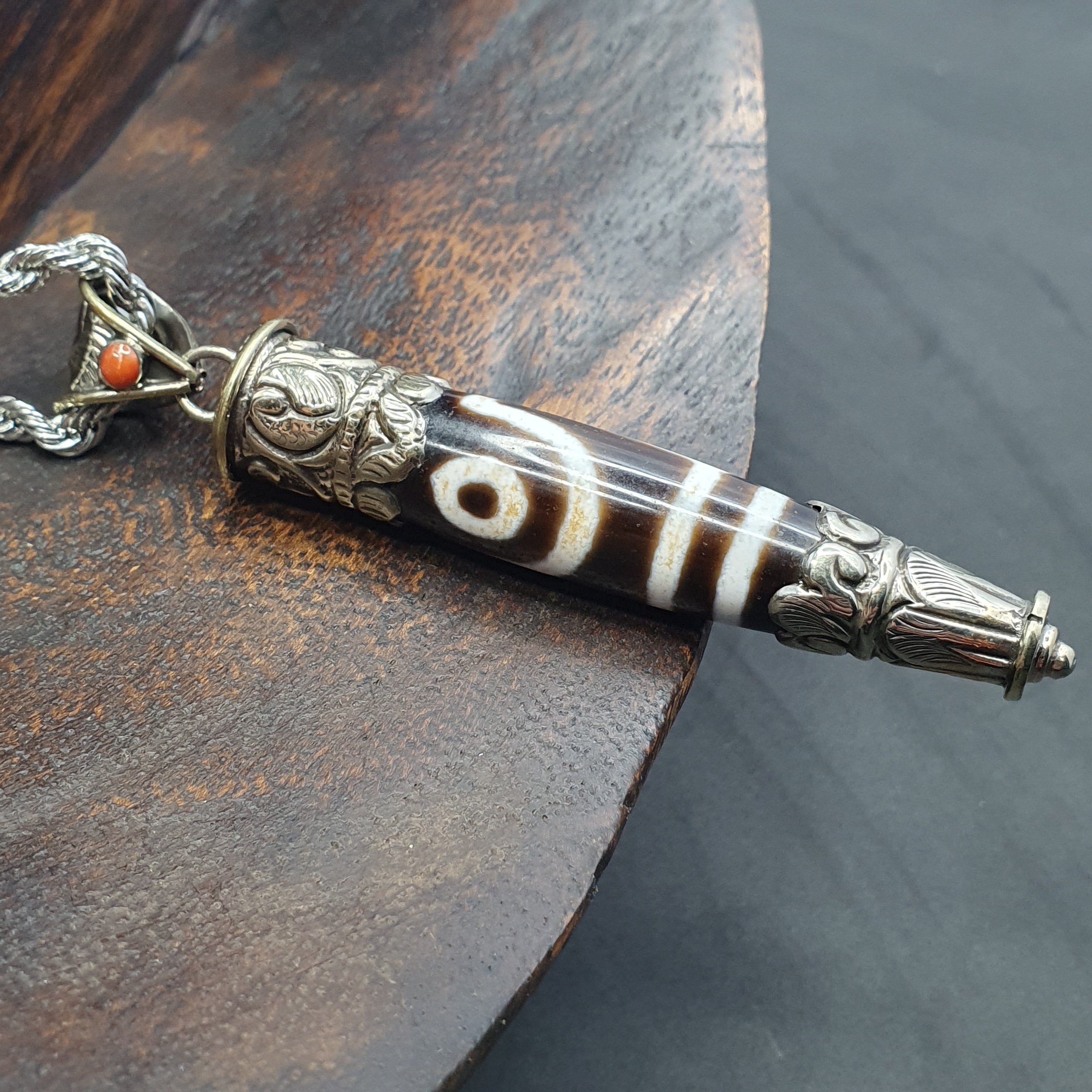 Vintage Tibetan 2 Eyes Agate & Brass Pendant Necklace