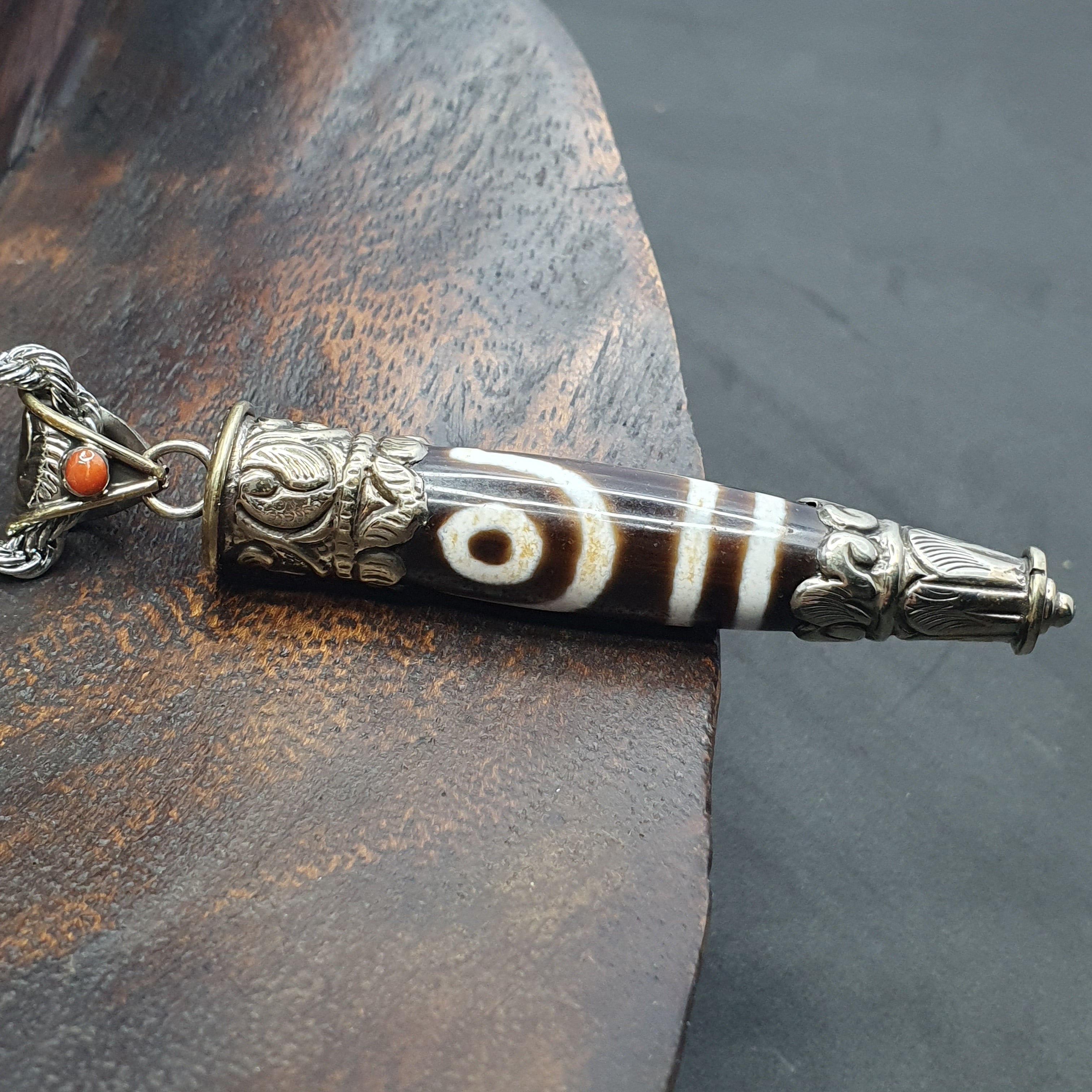 Vintage Tibetan 2 Eyes Agate & Brass Pendant Necklace