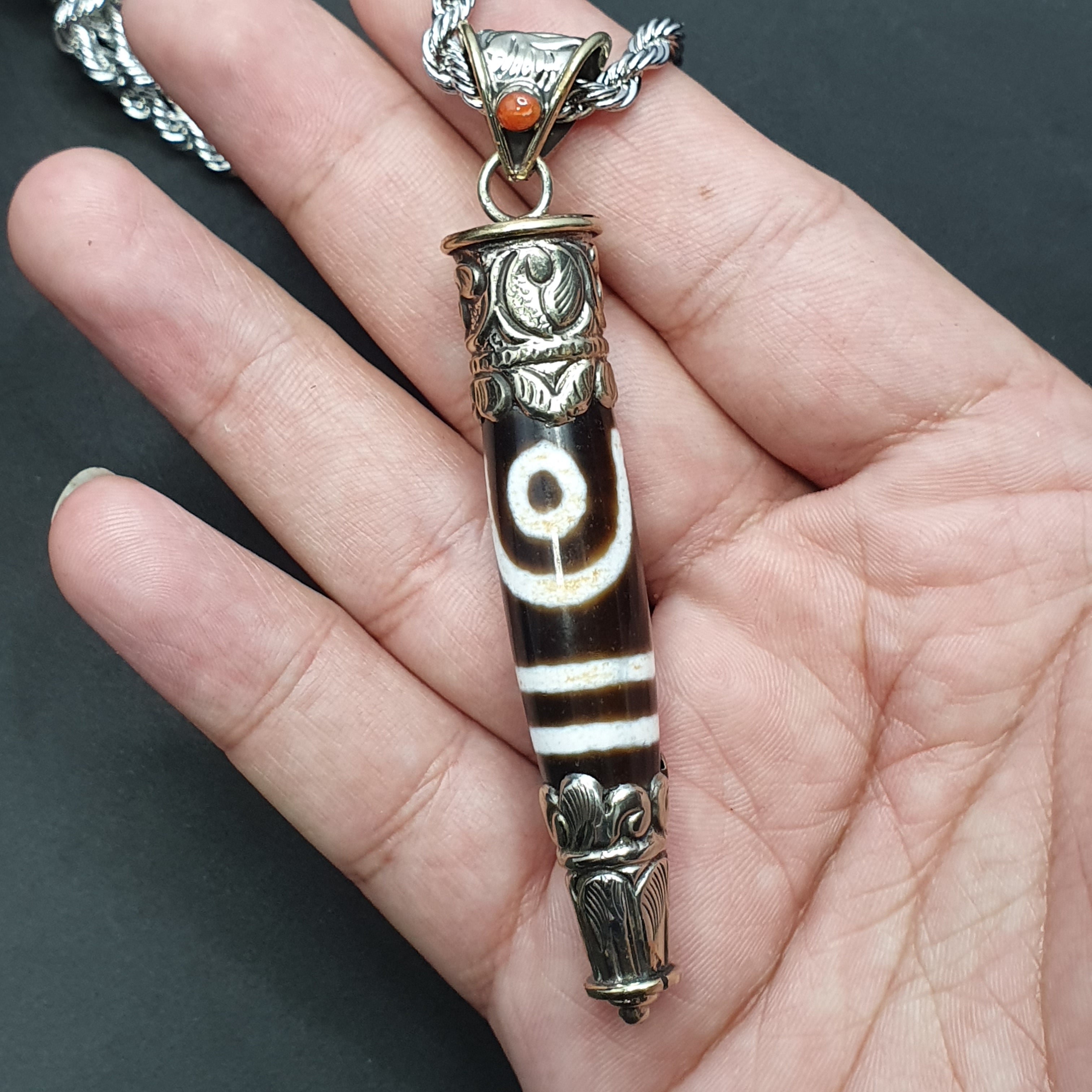 Vintage Tibetan 2 Eyes Agate & Brass Pendant Necklace