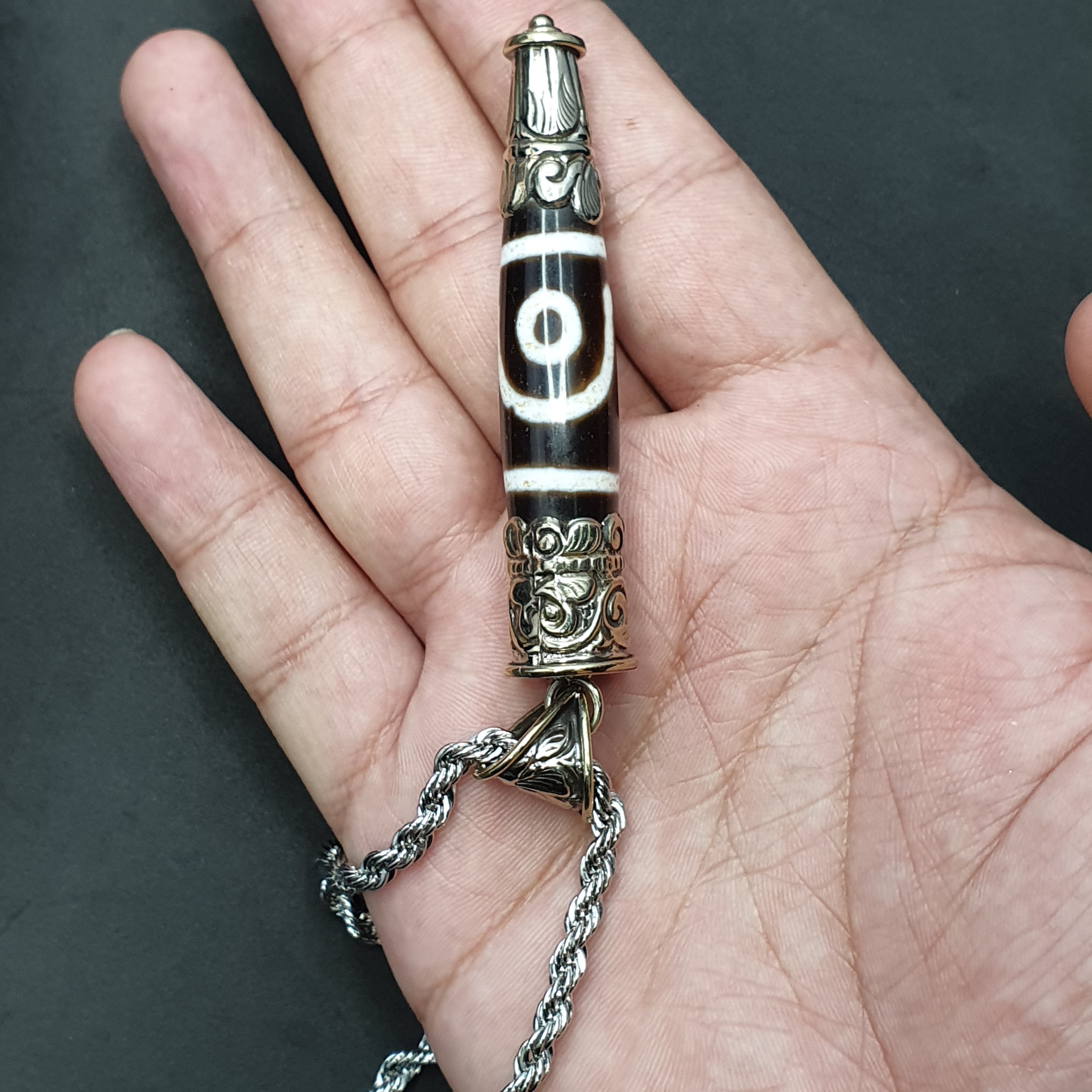 Vintage Tibetan 2 Eyes Agate & Brass Pendant Necklace