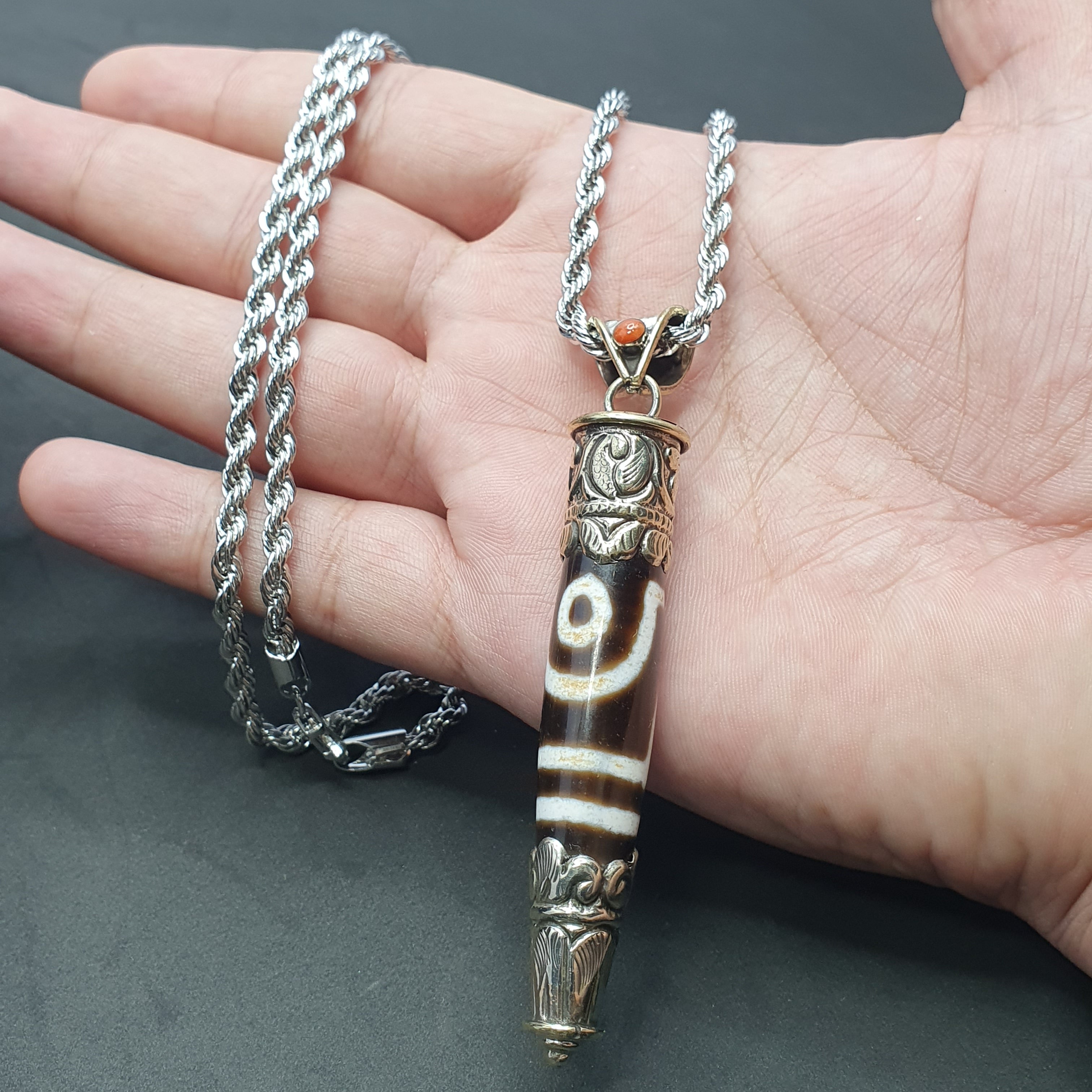 Vintage Tibetan 2 Eyes Agate & Brass Pendant Necklace