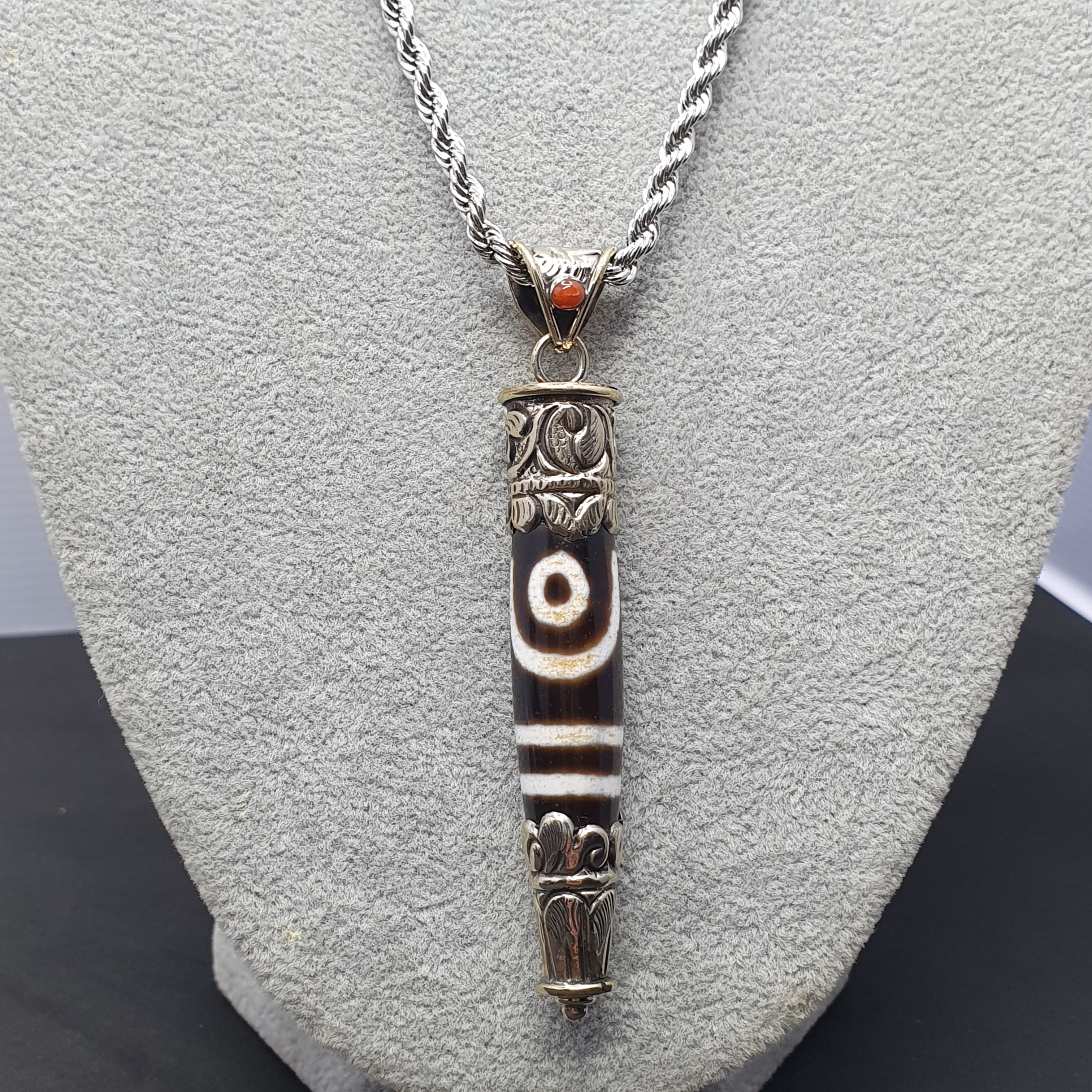 Vintage Tibetan 2 Eyes Agate & Brass Pendant Necklace