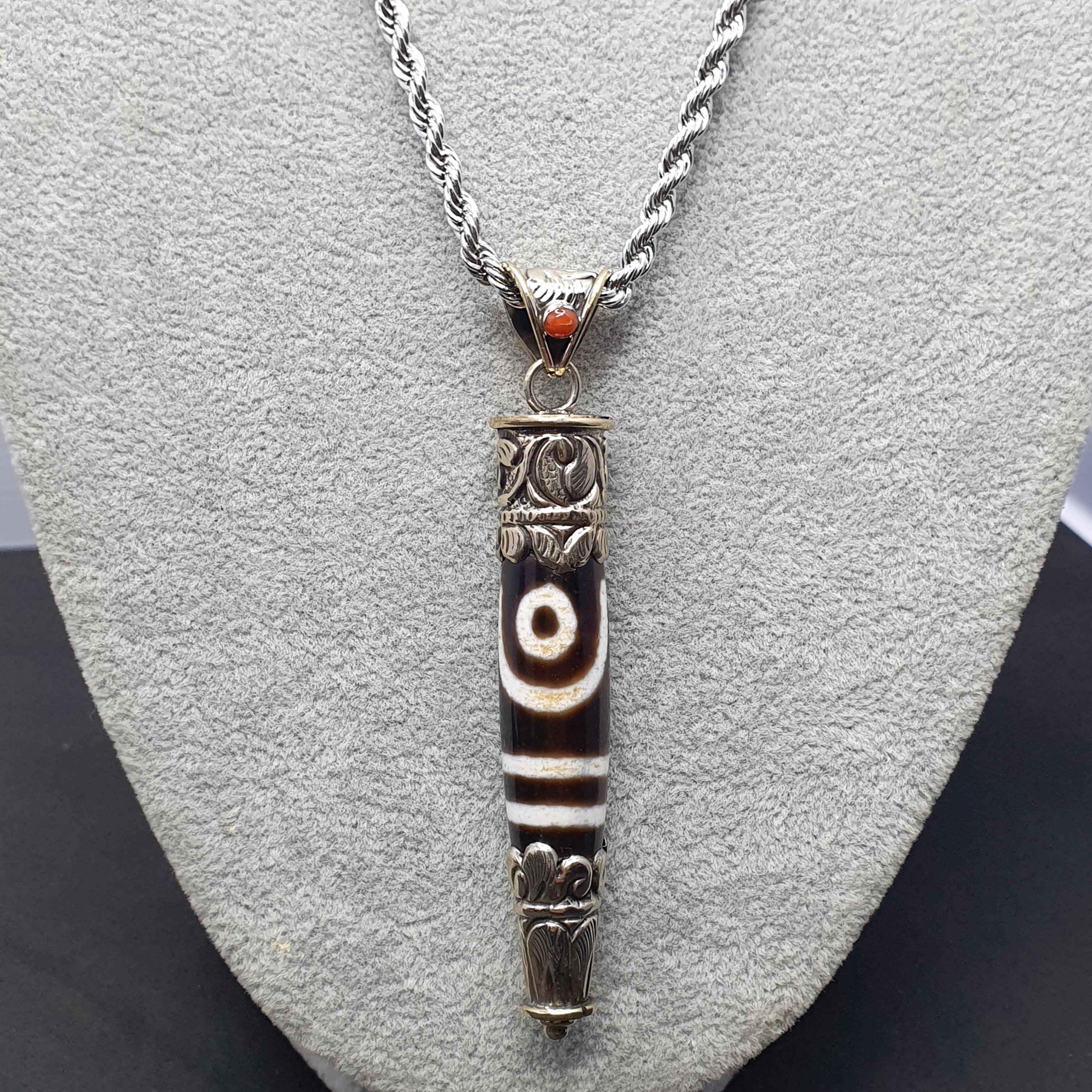 Vintage Tibetan 2 Eyes Agate & Brass Pendant Necklace