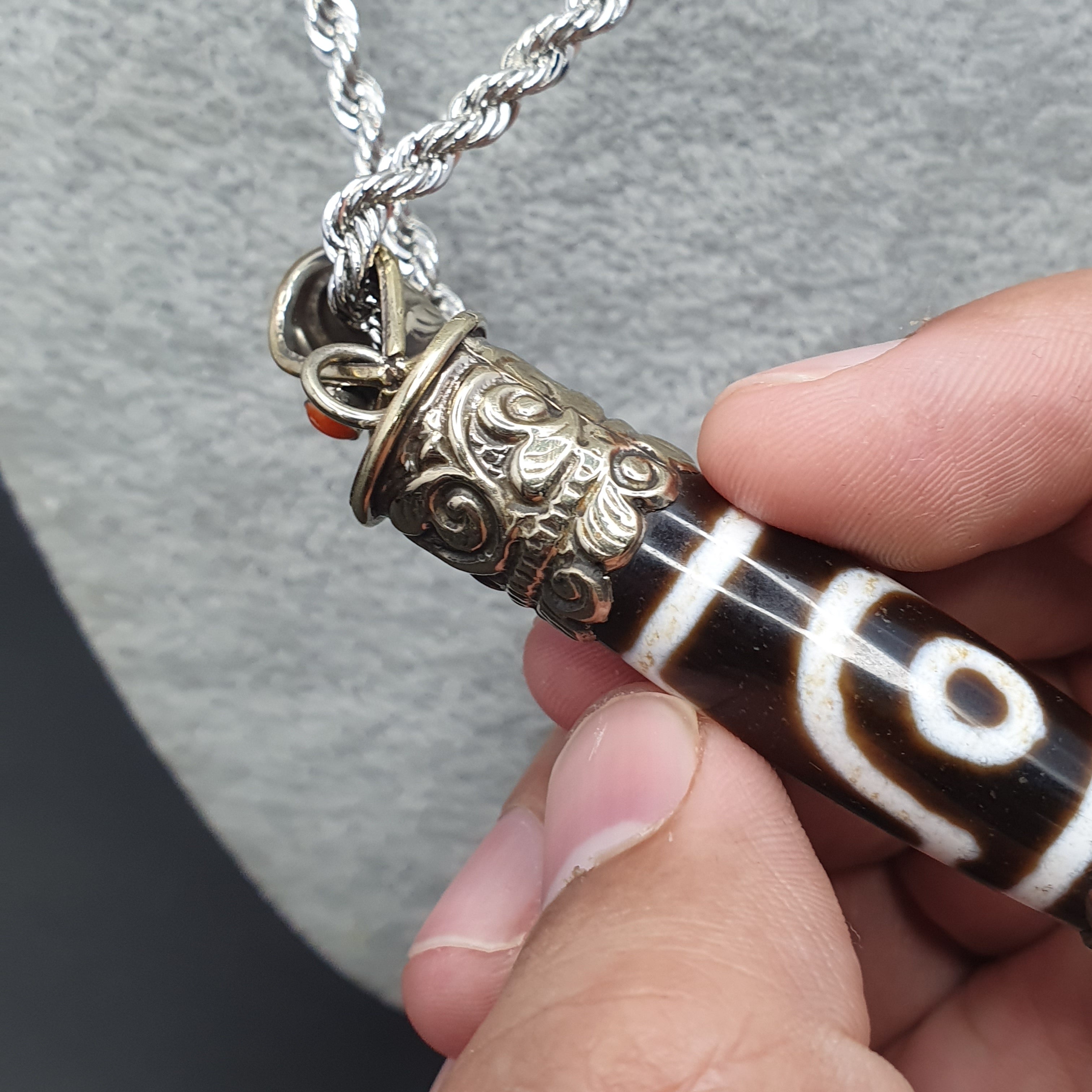 Vintage Tibetan 2 Eyes Agate & Brass Pendant Necklace