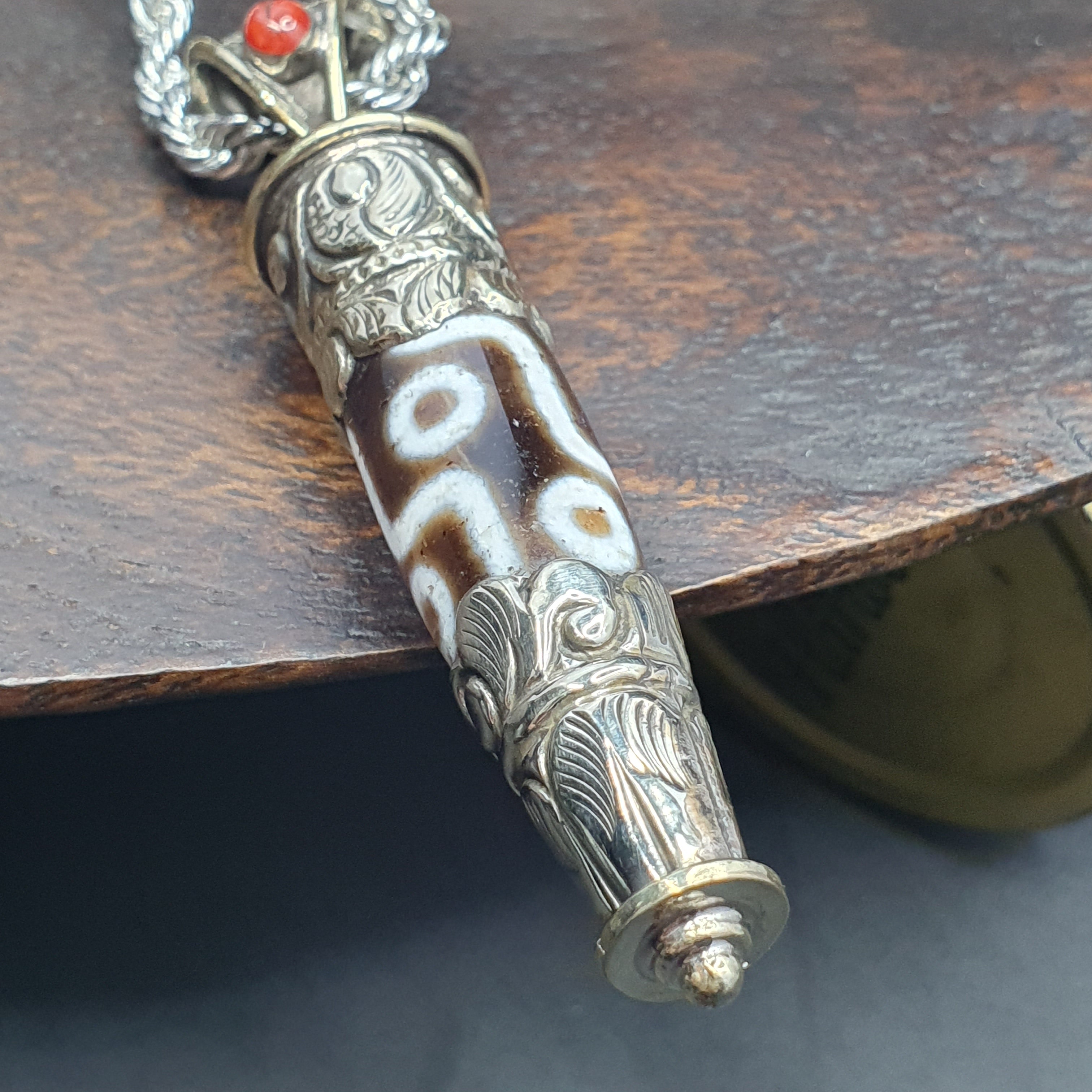 Vintage Tibetan 9 Eyes Agate & Brass Pendant Necklace