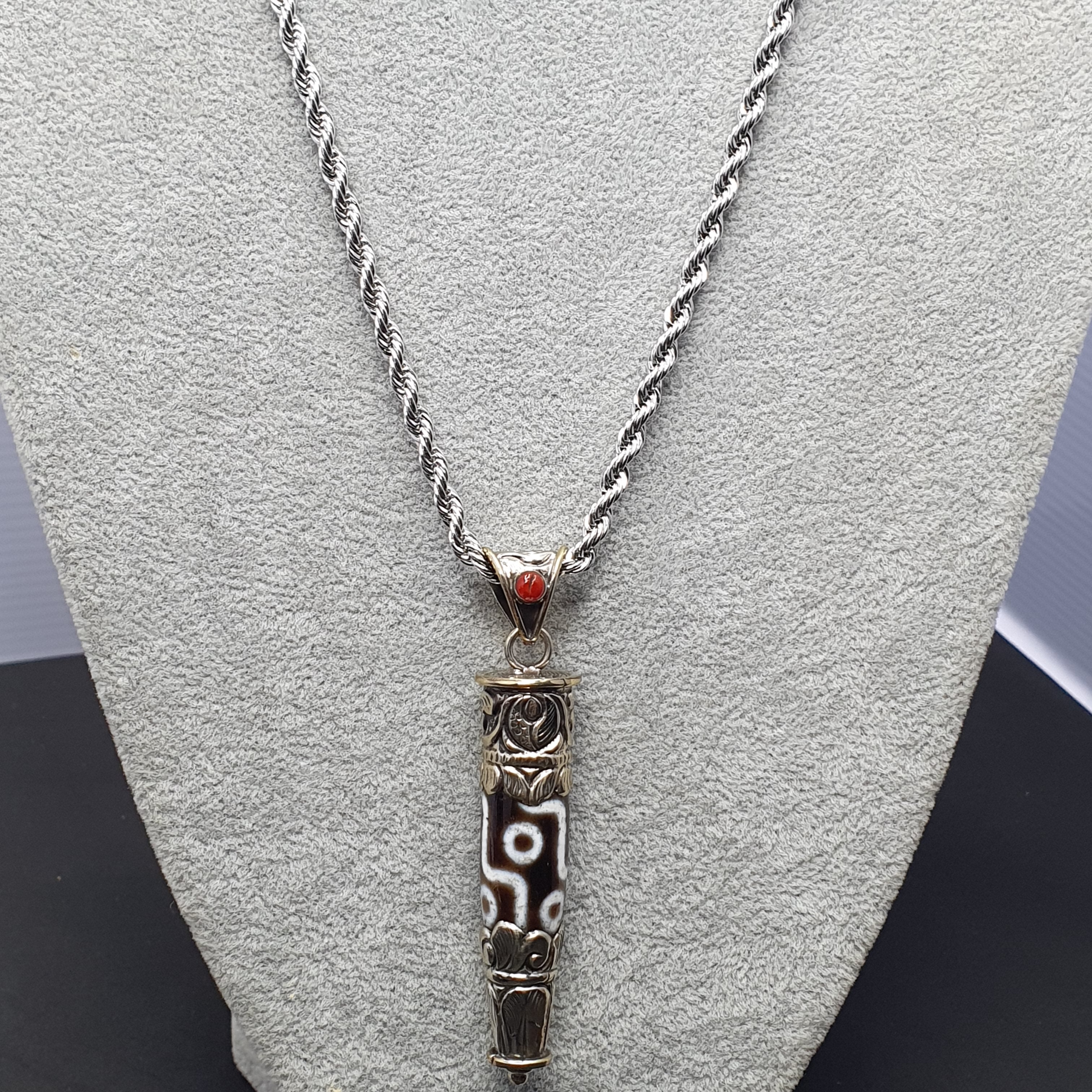 Vintage Tibetan 9 Eyes Agate & Brass Pendant Necklace