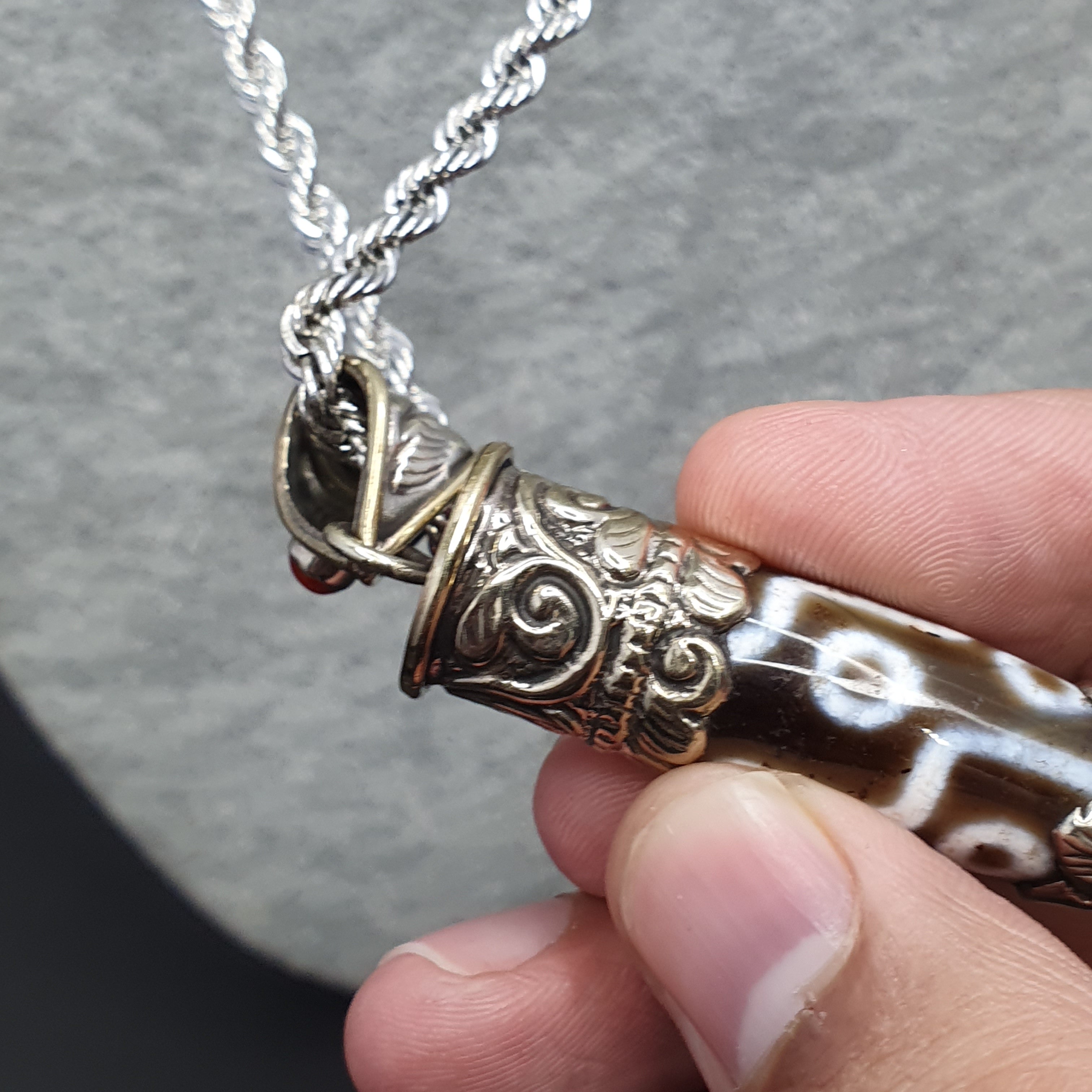 Vintage Tibetan 9 Eyes Agate & Brass Pendant Necklace