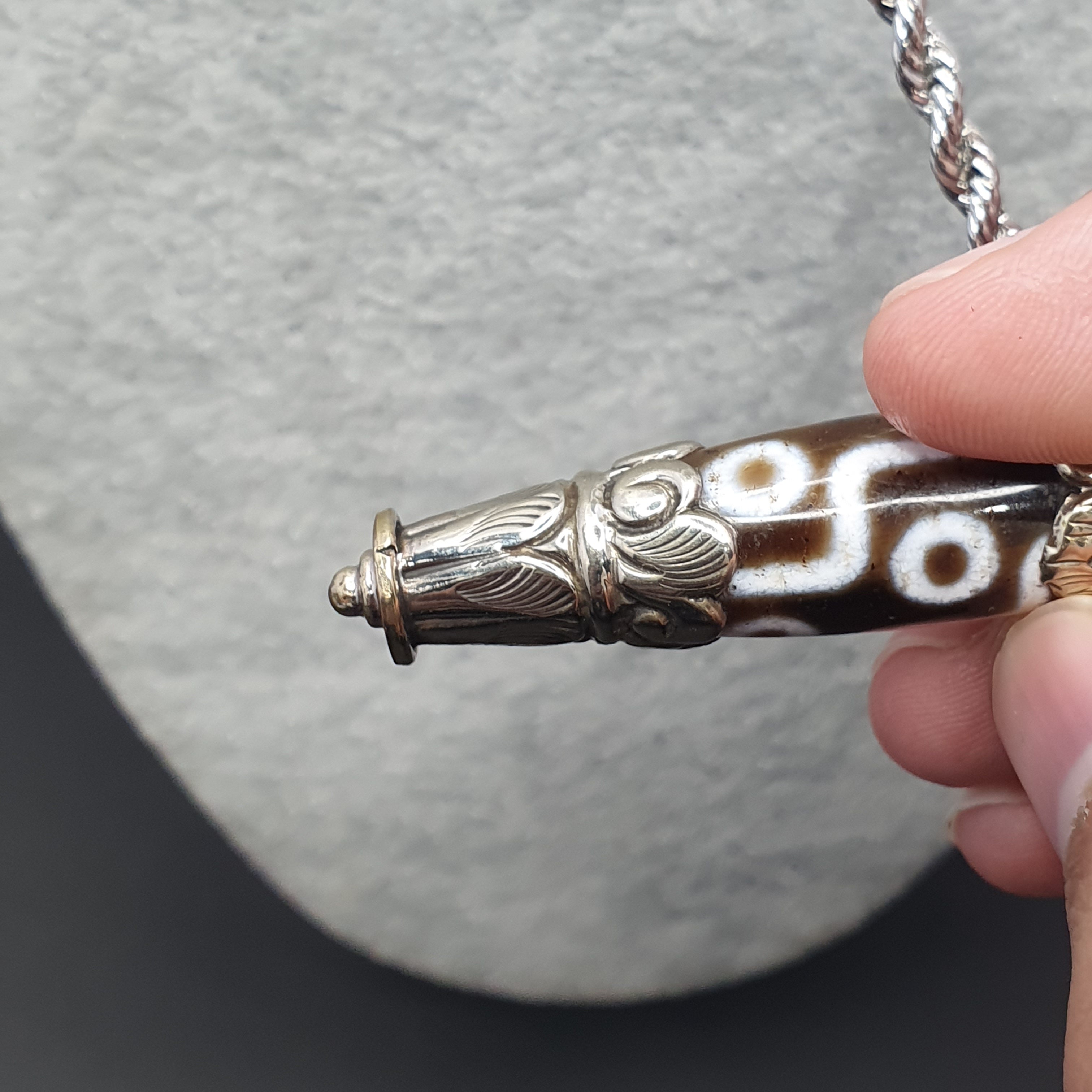 Vintage Tibetan 9 Eyes Agate & Brass Pendant Necklace