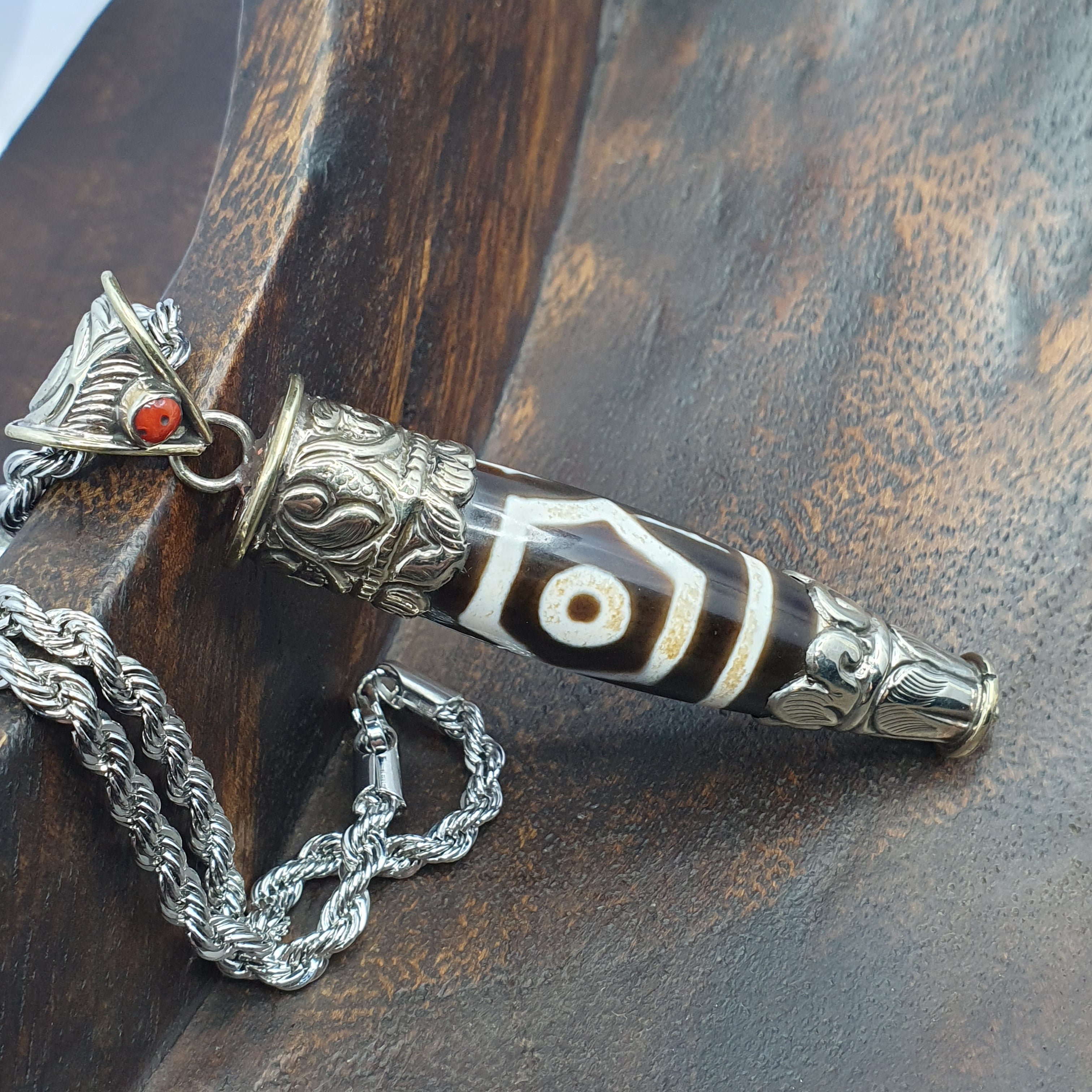 Vintage Tibetan 3 Eyes Agate & Brass Pendant Necklace