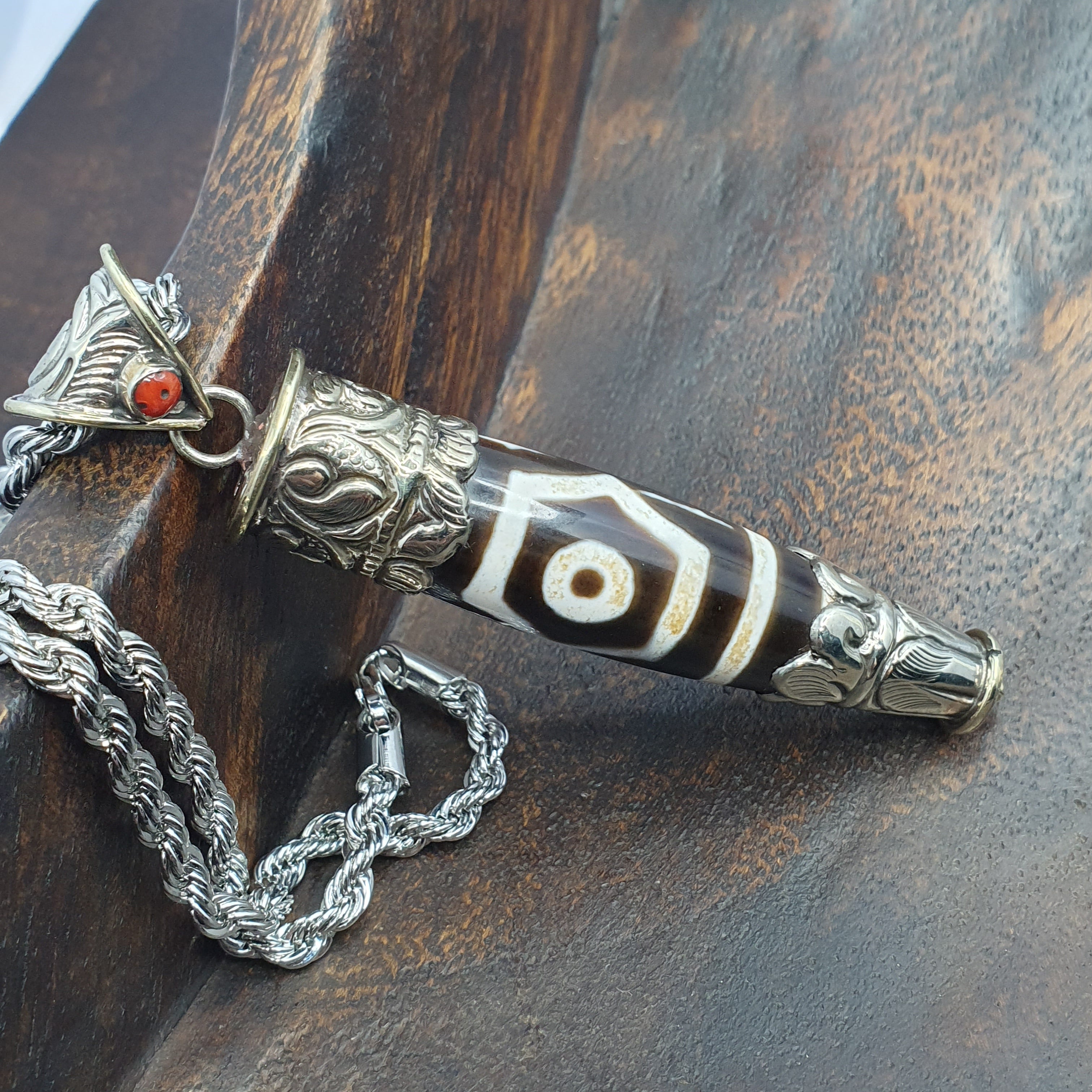 Vintage Tibetan 3 Eyes Agate & Brass Pendant Necklace