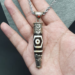 Vintage Tibetan 3 Eyes Agate & Brass Pendant Necklace