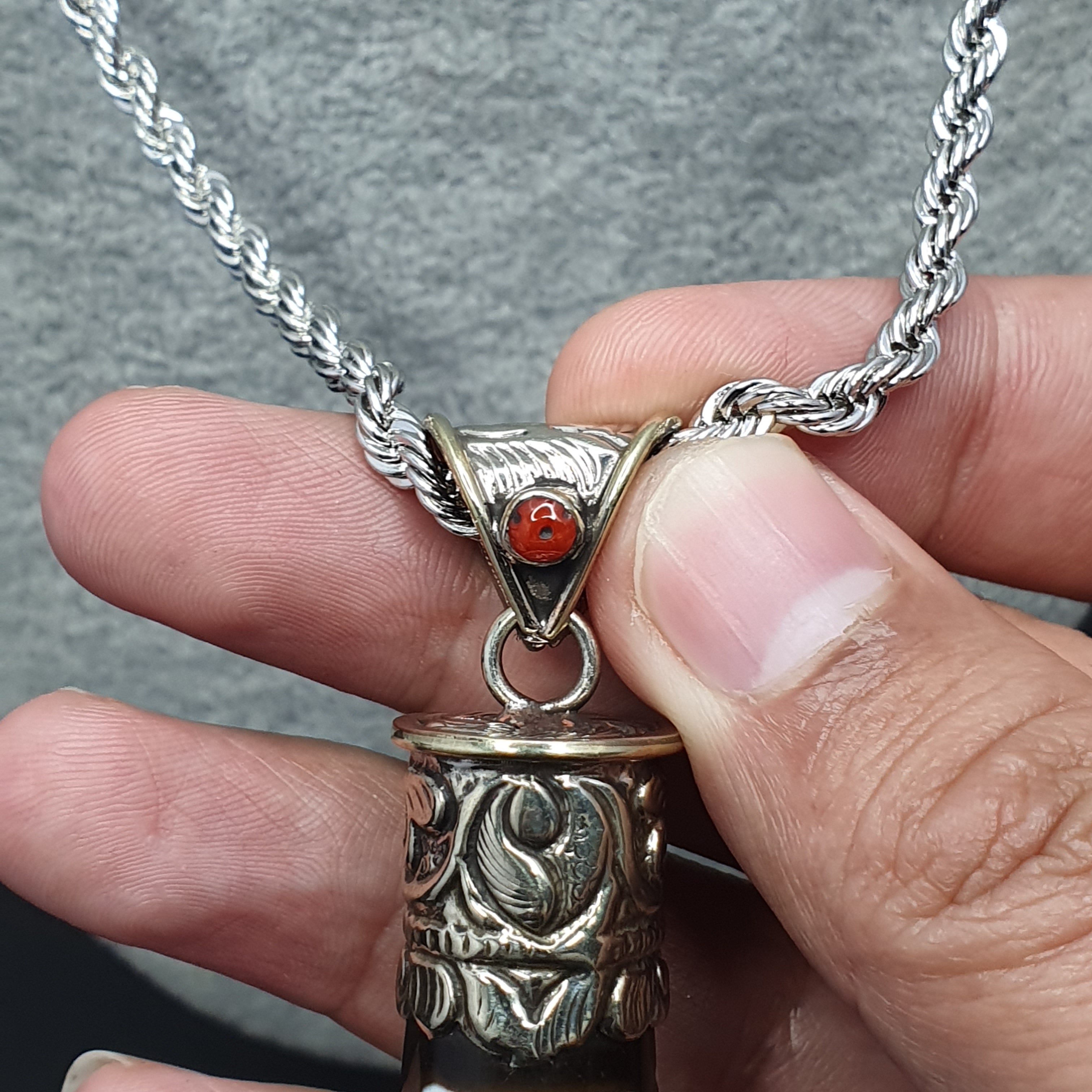 Vintage Tibetan 3 Eyes Agate & Brass Pendant Necklace