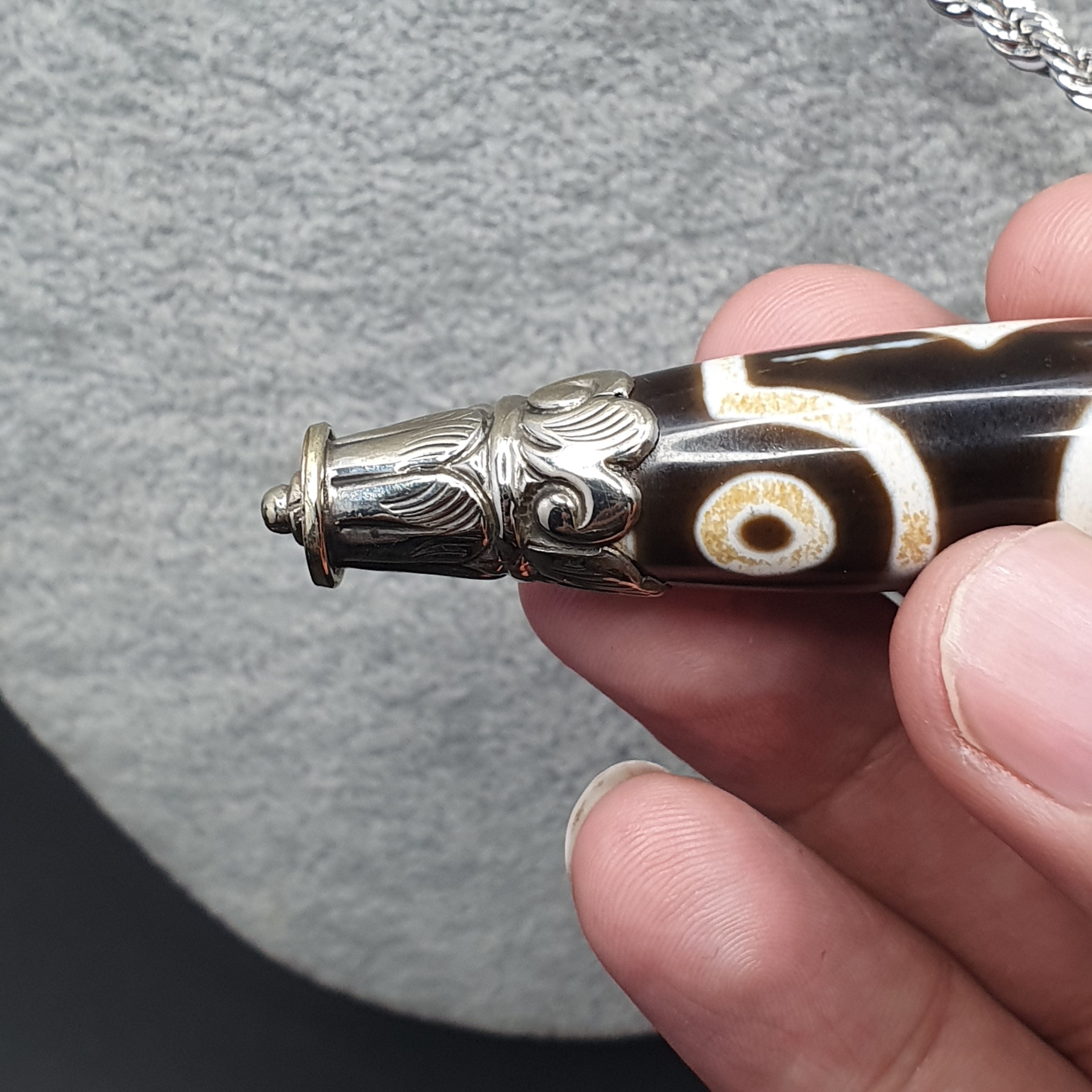 Vintage Tibetan 3 Eyes Agate & Brass Pendant Necklace