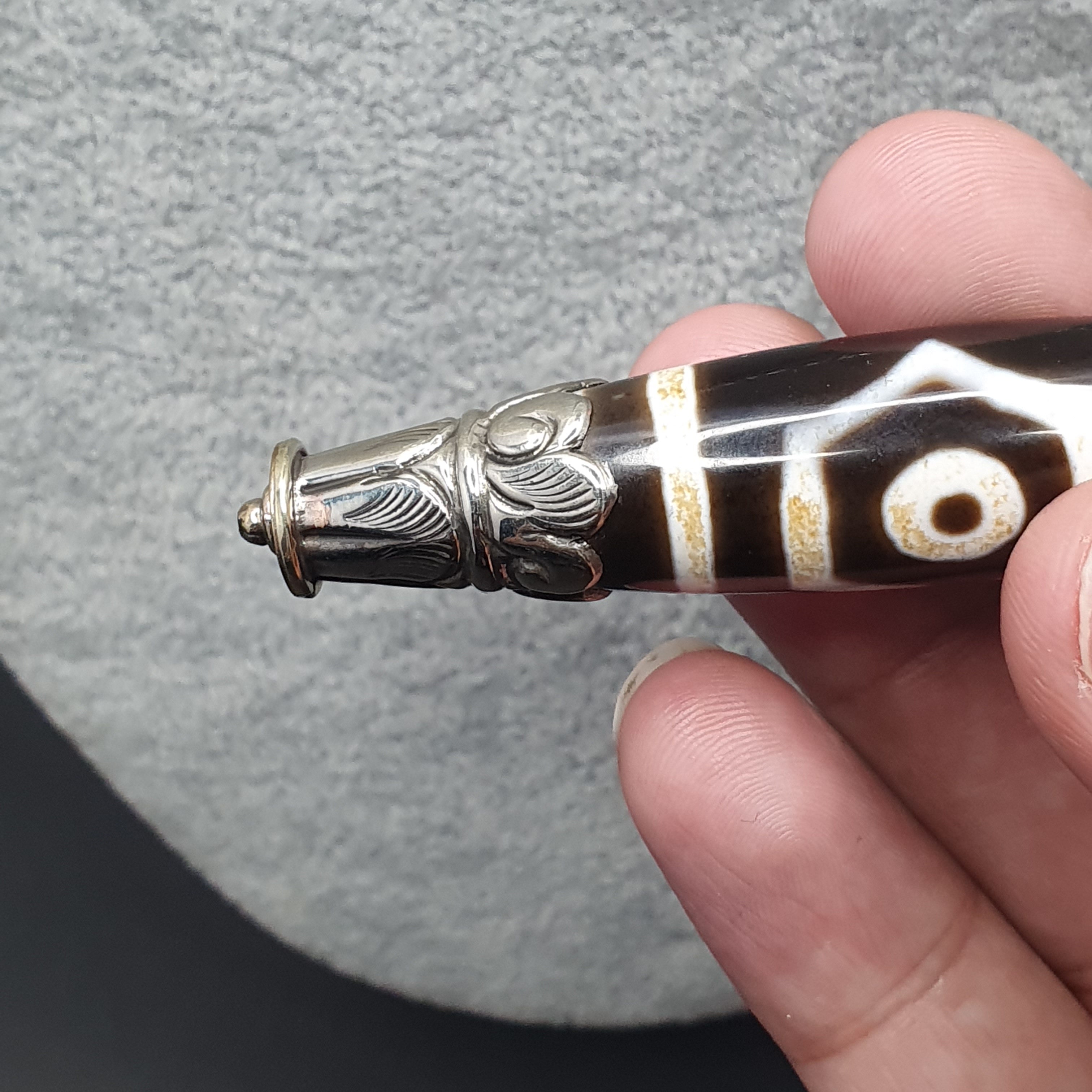 Vintage Tibetan 3 Eyes Agate & Brass Pendant Necklace